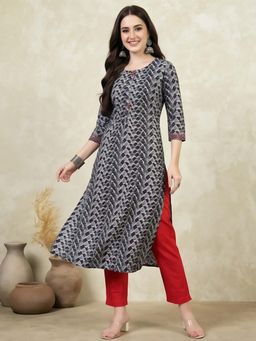 Jaipur Kurti - Black Printed Straight Pure Cotton Kurta