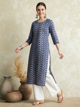 Jaipur Kurti - Navy Blue Printed Straight Pure Cotton Kurta