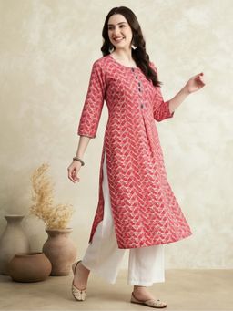 Jaipur Kurti - Pink Printed Straight Pure Cotton Kurta