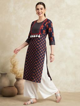 Jaipur Kurti - Women Navy Blue Printed Straight Kurta With Thread Work