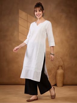 Jaipur Kurti - Women White Cotton Pin Tucks Straight Kurta