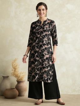 Jaipur Kurti - Black And Brown Mandarin Collar Floral Printed Straight Kurta