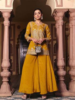 MADHURAM - Mustard Silk Embroidered V-Neck Kurti with Palazzo