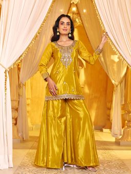 MADHURAM - Yellow Silk Thread Work Scoop Neck Kurti with Palazzo