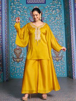 MADHURAM - Yellow Poly Silk Thread Work V-Neck Kurti with Palazzo