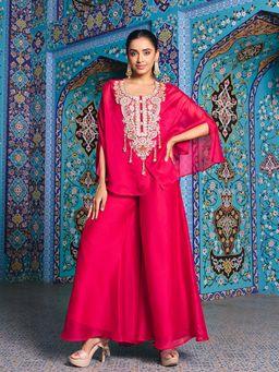 MADHURAM - Pink Poly Silk Tassels Round Neck Tunic with Palazzo