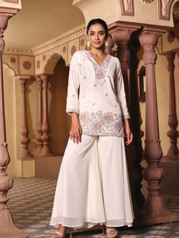 MADHURAM - Off White Georgette Embroidered V-Neck Kurti with Palazzo