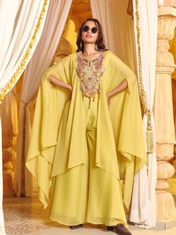 MADHURAM - Yellow Georgette Tassels V-Neck Kaftan with Palazzo