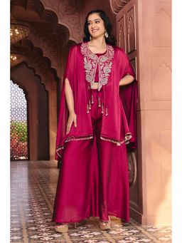 MADHURAM - Magenta Poly Silk Tassels V-Neck Kaftan with Palazzo