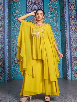 MADHURAM - Yellow Georgette Tassels Square Neck Kaftan with Palazzo
