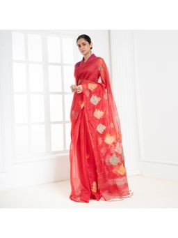 Boveee - Women Red Cotton Embroidered Saree Without Blouse