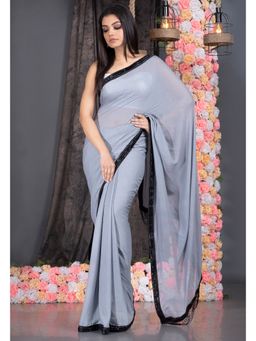 Boveee - Women Grey Georgette Solid Saree Without Blouse