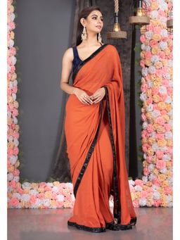 Boveee - Women Rust Georgette Solid Saree Without Blouse