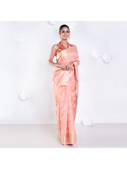 Boveee - Women Peach Organza Woven Saree Without Blouse