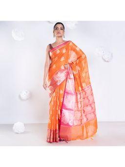 Boveee - Women Orange Organza Woven Saree Without Blouse