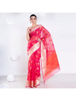 Boveee - Women Pink Cotton Woven Saree Without Blouse