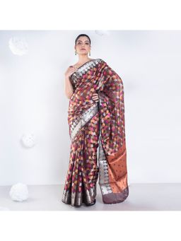 Boveee - Women Brown Organza Geometric Printed Saree Without Blouse