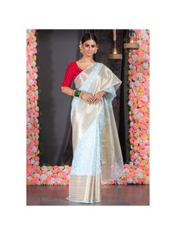 Boveee - Women Blue Organza Woven Saree Without Blouse