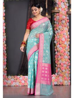 Boveee - Women Blue Silk Woven Saree Without Blouse