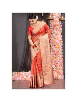 Boveee - Women Coral Organza Woven Saree Without Blouse