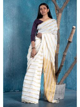 Boveee - Women Off White Linen Woven Saree Without Blouse