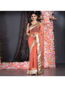 Boveee - Women Orange Organza Solid Saree Without Blouse