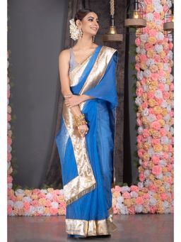 Boveee - Women Blue Organza Solid Saree Without Blouse