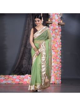 Boveee - Women Green Organza Solid Saree Without Blouse