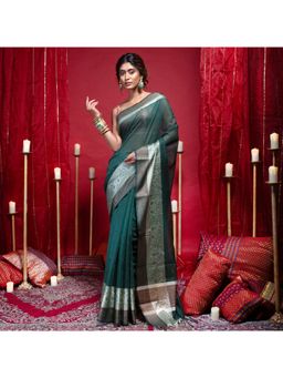 Boveee - Women Green Silk Woven Saree Without Blouse