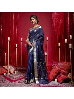 Boveee - Women Blue Organza Woven Saree Without Blouse