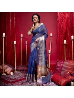 Boveee - Women Blue Organza Woven Saree Without Blouse