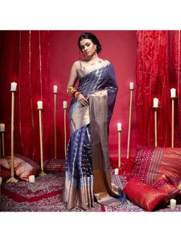 Boveee - Women Navy Blue Organza Woven Saree Without Blouse
