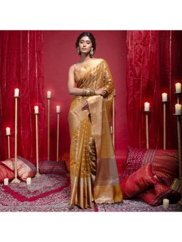 Boveee - Women Mustard Organza Woven Saree Without Blouse