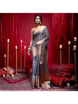 Boveee - Women Grey Organza Woven Saree Without Blouse