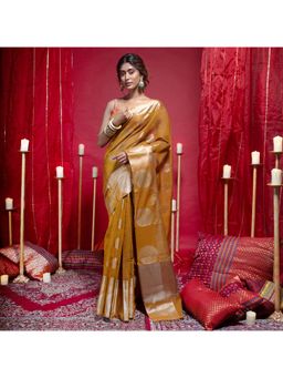 Boveee - Women Mustard Cotton Woven Saree Without Blouse