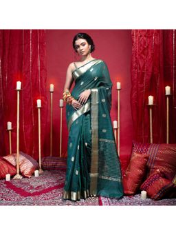 Boveee - Women Green Silk Woven Saree Without Blouse