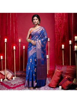 Boveee - Women Blue Organza Woven Saree Without Blouse