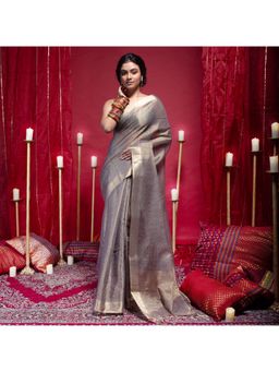 Boveee - Women Grey Organza Woven Saree Without Blouse