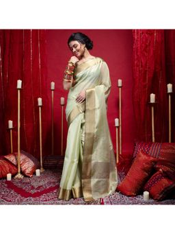 Boveee - Women Green Organza Woven Saree Without Blouse