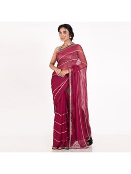 Boveee - Women Magenta Chiffon Embroidered Saree Without Blouse