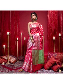Boveee - Women Pink Organza Woven Saree Without Blouse