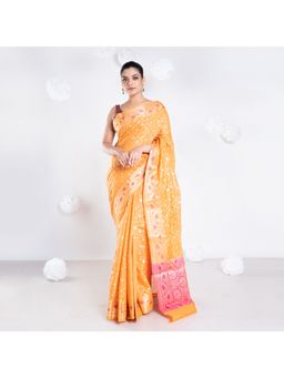 Boveee - Women Yellow Organza Woven Saree Without Blouse