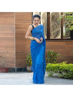 Boveee - Women Blue Organza Floral Printed Saree Without Blouse
