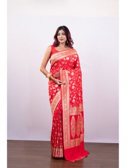 Boveee - Women Red Silk Woven Saree Without Blouse