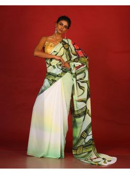 Boveee - Women Green Georgette Abstract Printed Saree Without Blouse