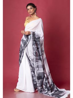 Boveee - Women Off White Georgette Printed Saree Without Blouse