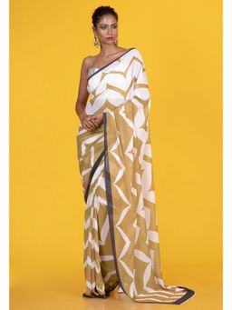 Boveee - Women Khaki Georgette Geometric Printed Saree Without Blouse