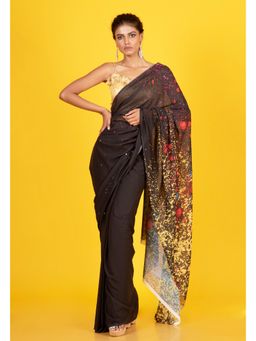 Boveee - Women Black Georgette Printed Saree Without Blouse