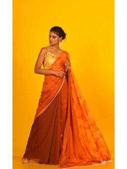 Boveee - Women Orange Georgette Printed Saree Without Blouse