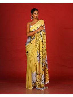 Boveee - Women Yellow Georgette Floral Printed Saree Without Blouse